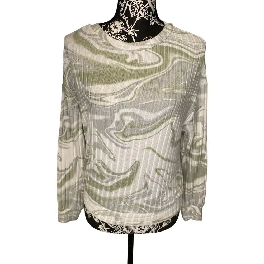 Secret Treasures Marble Print Ribbed Top Y2K Grunge Long Sleeve Stretch Shirt